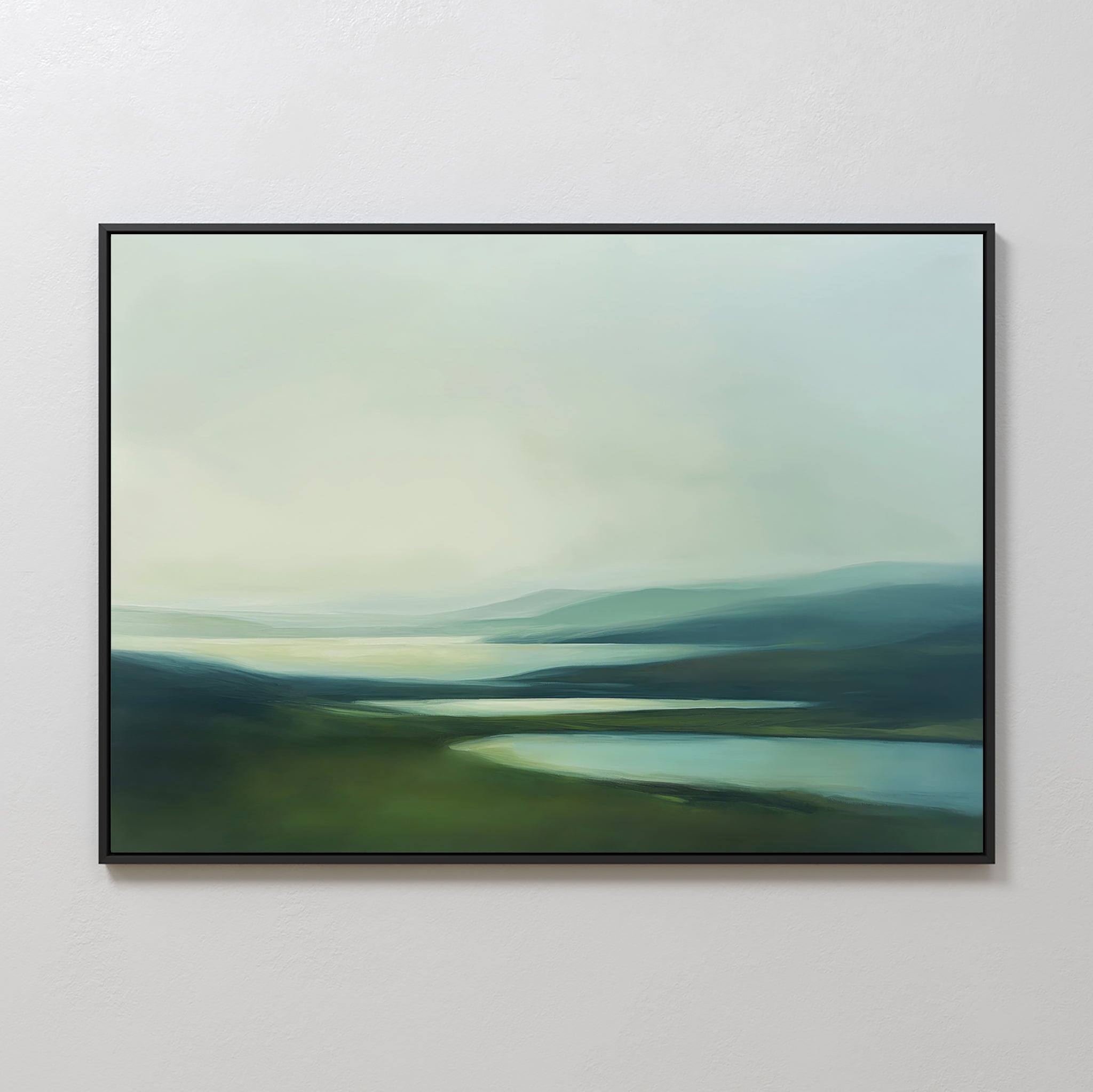 The Gentle Valleys Canvas Art – Horizontal features a framed abstract landscape in soft green, blue, and white tones, depicting rolling hills and reflective water—ideal serene wall art for minimalist living room decor.