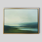 The Gentle Valleys Canvas Art – Horizontal features minimalist, soft blurred shades of green and blue evoking rolling hills, water, and a hazy sky on a light gray backdrop—ideal for serene living room decor.