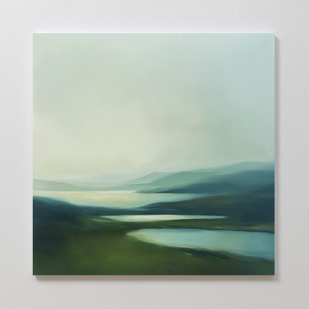 Gentle Valleys Abstract Canvas Art features misty green hills, winding rivers, and soft light to create a tranquil, dreamy vibe—perfect as serene square wall art for your living room decor against a white wall.