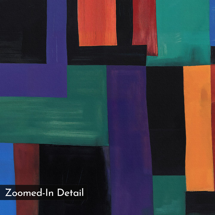 A close-up of Geometric Mosaic Canvas Art reveals overlapping shapes in purple, green, red, orange, and black, forming a striking geometric mosaic. A label in the corner reads “Zoomed-In Detail.”.