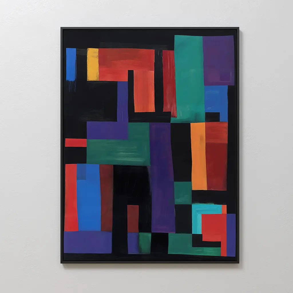 Geometric Mosaic Canvas Art features rectangles and squares in bold red, blue, purple, orange, green, and teal on a black background—a modern piece perfect for adding style to any living room.
