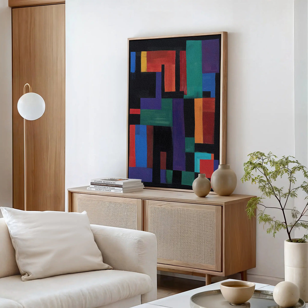 A modern living room with a light sofa, wooden sideboard with books and vases, round floor lamp, green plant, and the Geometric Mosaic Canvas Art as striking abstract wall decor above.