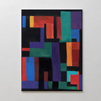 Geometric Mosaic Canvas Art features colorful geometric shapes and rectangles in red, blue, green, purple, orange, and turquoise on a black background—perfect bold wall art for a modern living room.
