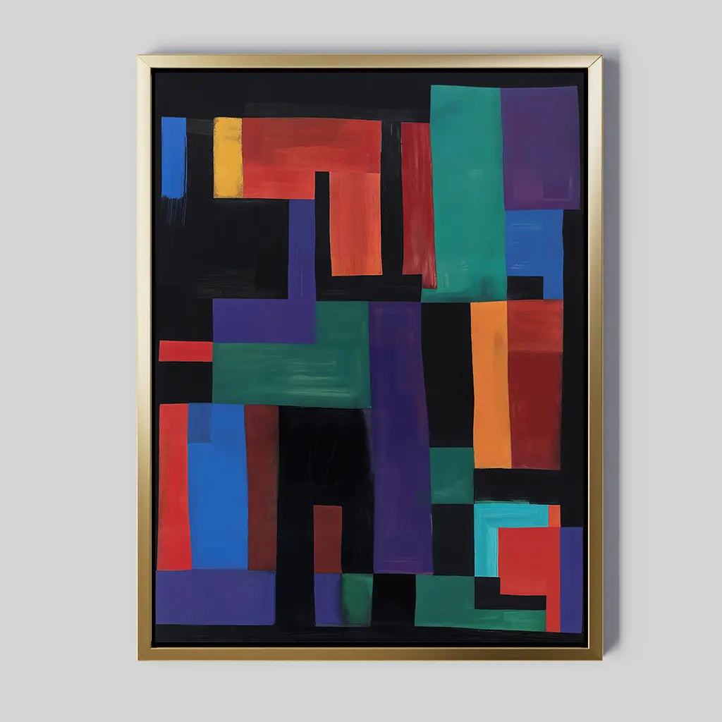 Geometric Mosaic Canvas Art features bold rectangles in red, blue, green, orange, and purple on a black background with a gold frame. This modern abstract wall art adds style to any living room.