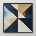 The Geometric Night Canvas Art features a square design with alternating navy blue, beige, and white triangles radiating from the center, framed in black. This modern minimalist piece adds a striking accent to any light-colored wall.