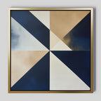 Geometric Night Canvas Art features alternating navy blue, beige, and white triangles radiating from the center, framed with a gold border on a light gray background—an elegant modern wall art piece for contemporary decor.