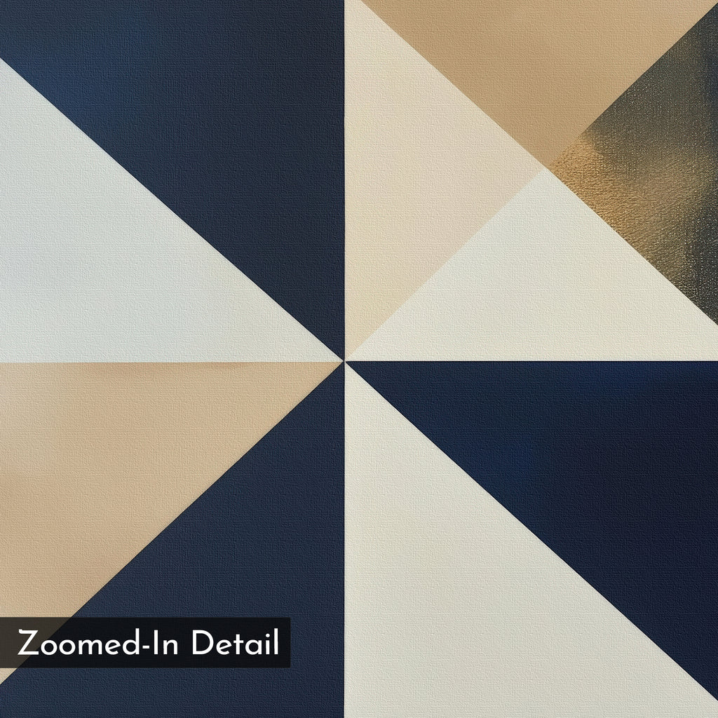 The Geometric Night Canvas Art is a modern wall piece with triangles in navy blue, cream, beige, and gold converging at the center and features a "Zoomed-In Detail" label in the bottom left corner.