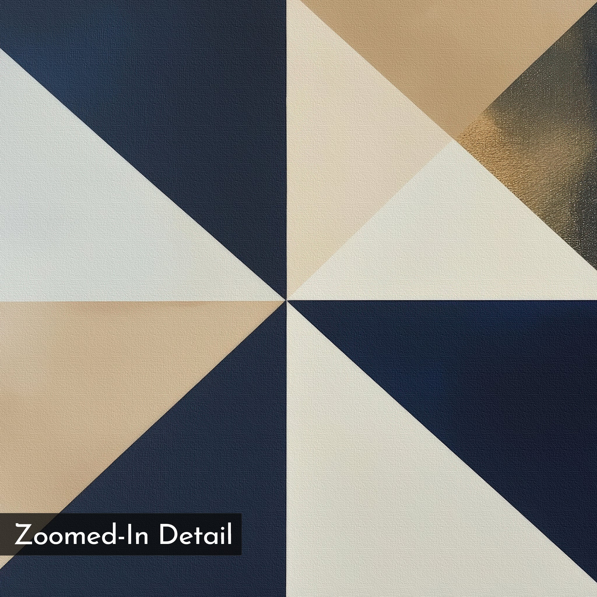 The Geometric Night Canvas Art is a modern wall piece with triangles in navy blue, cream, beige, and gold converging at the center and features a "Zoomed-In Detail" label in the bottom left corner.
