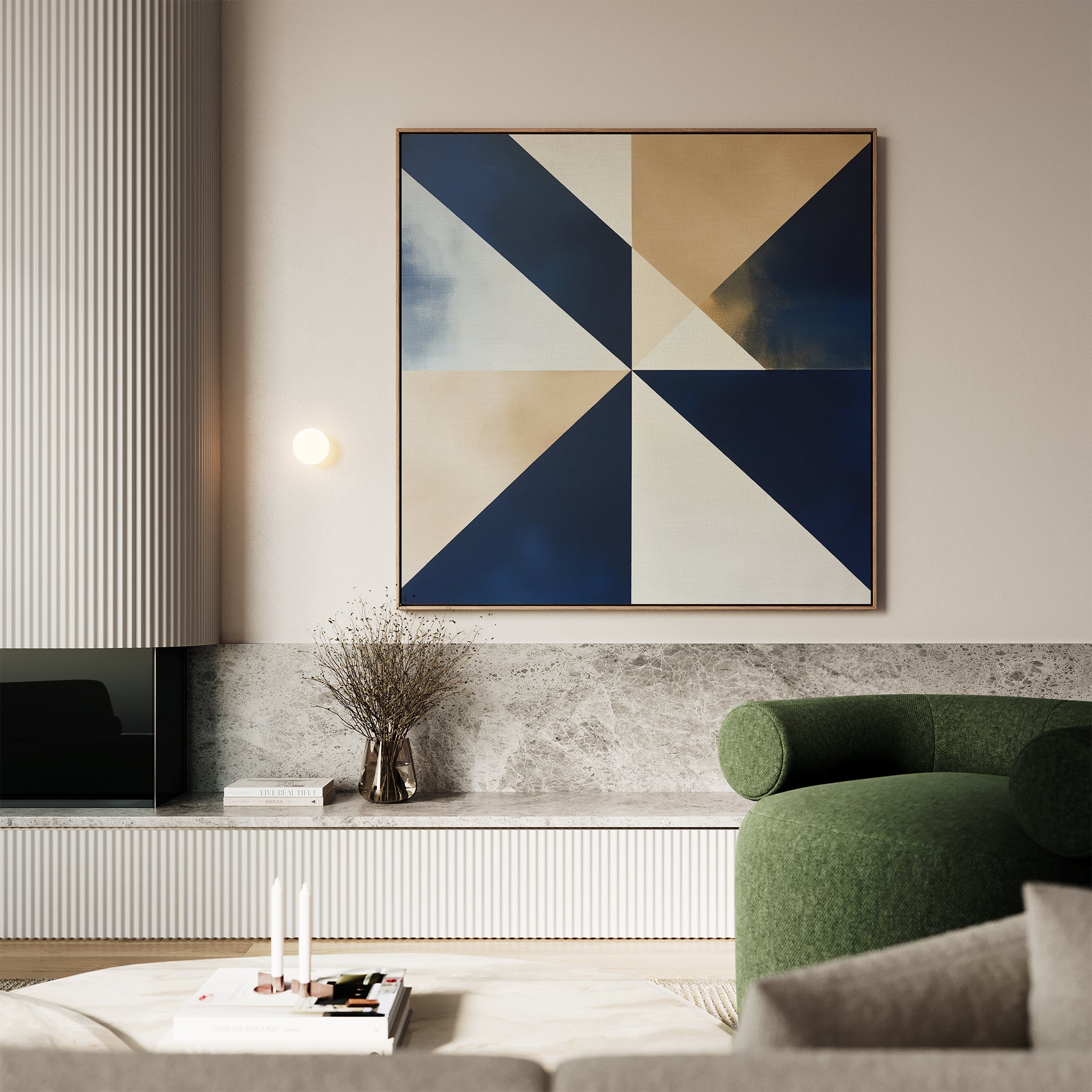 Modern living room featuring a green upholstered chair, low coffee table with books and candles, a vase of dried branches, and Geometric Night Canvas Art in navy, beige, and white as the stunning focal point.