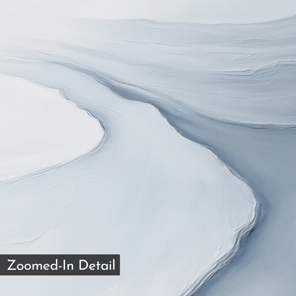 A close-up of abstract white and light blue brushstrokes resembling icy surfaces from the Glacial Flow Canvas Art, ideal for minimalist wall decor. "Zoomed-In Detail" is shown in the bottom left corner.