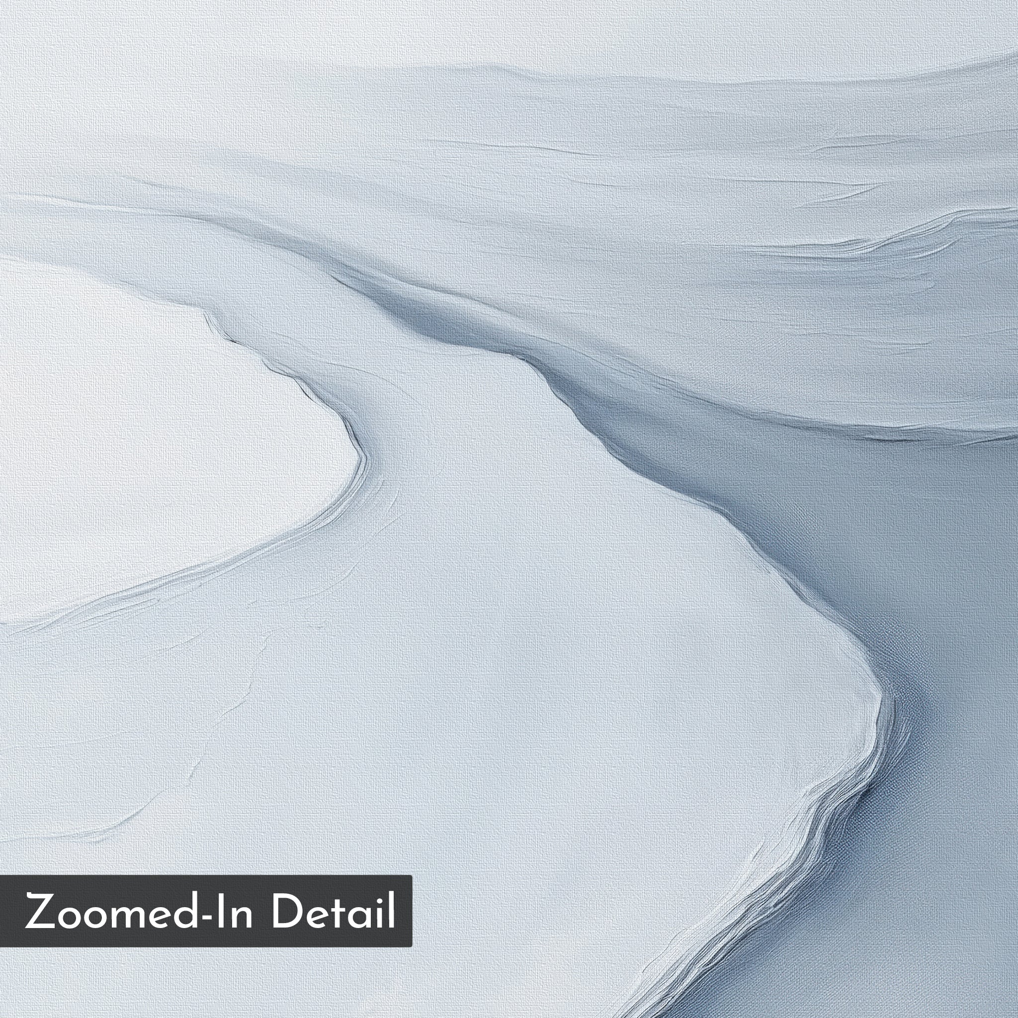 A close-up of abstract white and light blue brushstrokes resembling icy surfaces from the Glacial Flow Canvas Art, ideal for minimalist wall decor. "Zoomed-In Detail" is shown in the bottom left corner.