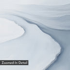 Abstract close-up of a textured surface with flowing, layered patterns in soft white and light blue tones. Glacial Flow Canvas Art – Horizontal, perfect as modern living room decor. A label at the bottom left reads “Zoomed-In Detail.”.