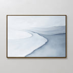 The Glacial Flow Canvas Art – Horizontal features abstract layers in white, gray, and light blue with gentle curves and a river-like design, framed in a thin dark border—ideal modern wall art for a tranquil living room.