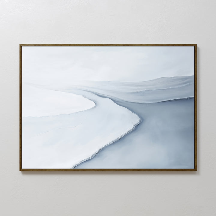 The Glacial Flow Canvas Art – Horizontal features abstract layers in white, gray, and light blue with gentle curves and a river-like design, framed in a thin dark border—ideal modern wall art for a tranquil living room.