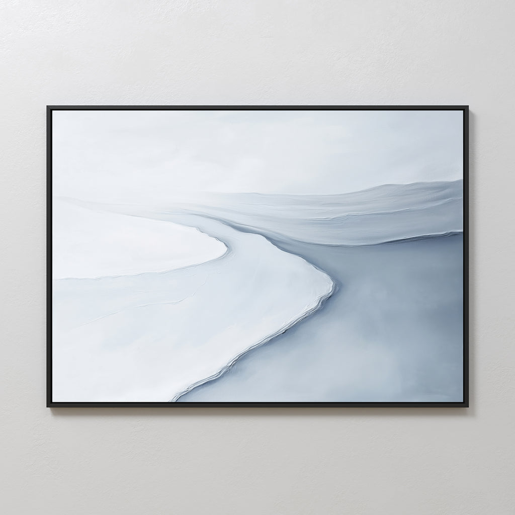 Glacial Flow Canvas Art – Horizontal features cool tones of white, gray, and blue in a minimalist landscape with a winding path into distant hills—an ideal framed abstract piece for modern living room decor.