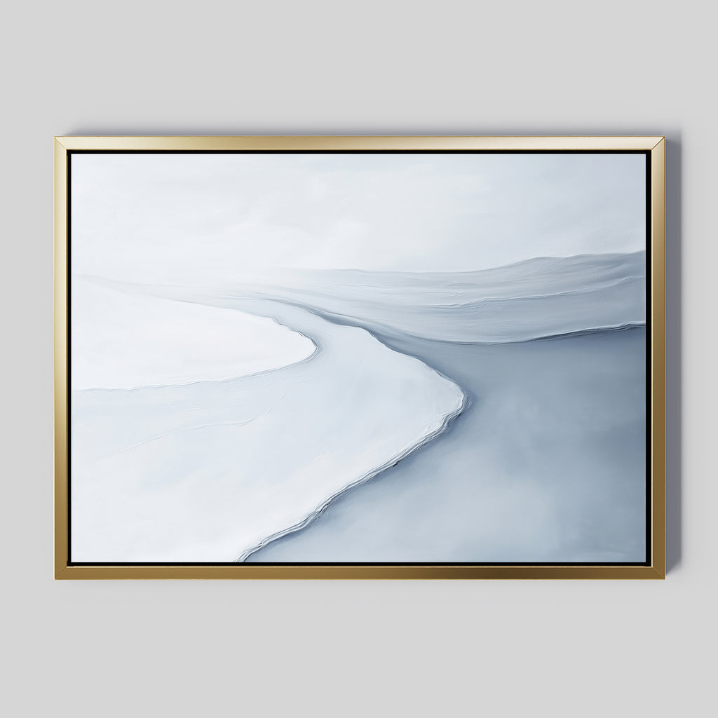 Glacial Flow Canvas Art – Horizontal features a minimalist design with soft white, gray, and blue tones forming an abstract winding river. Framed in simple gold on a light gray background, it's perfect wall art for modern living room decor.