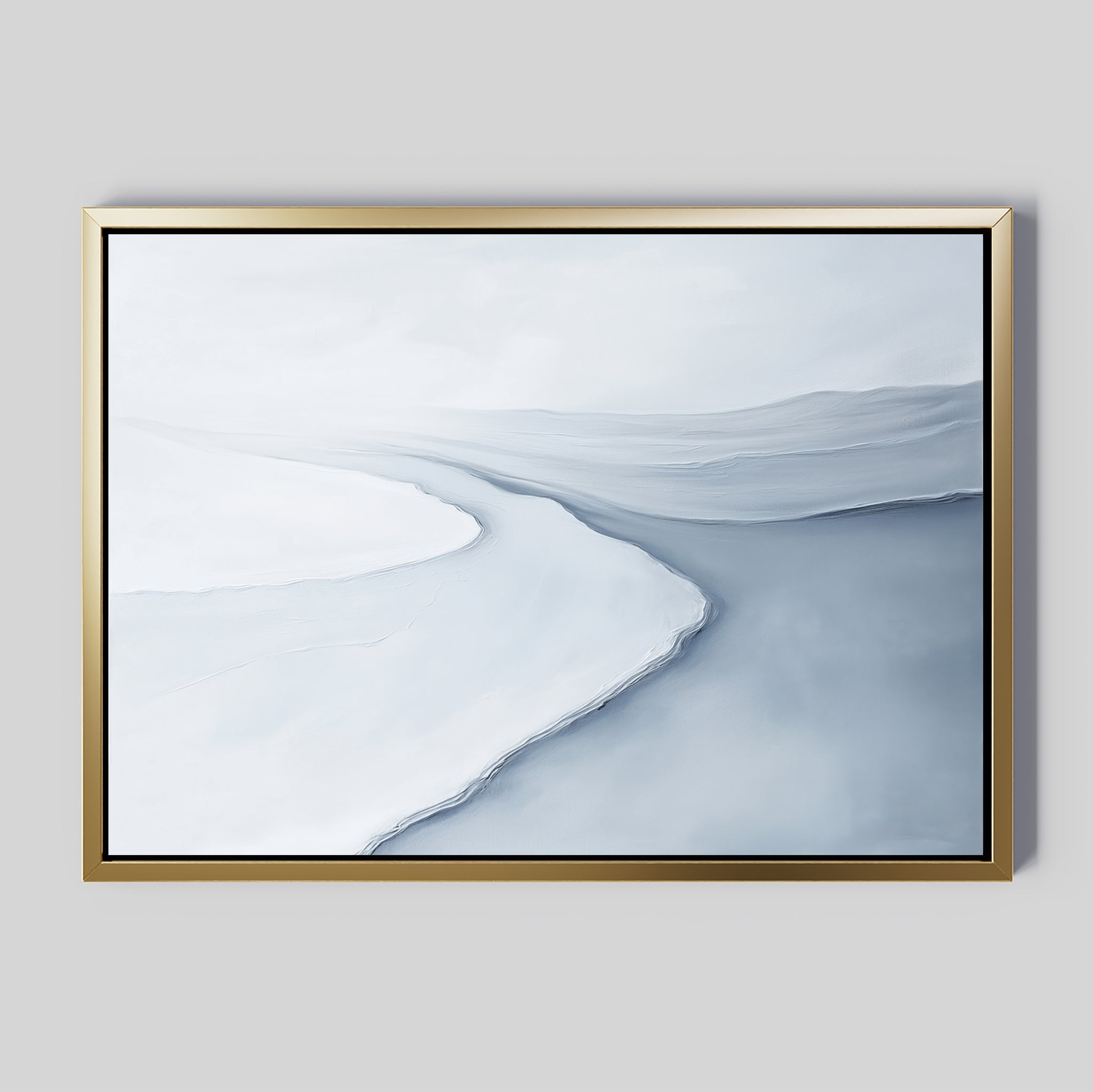 Glacial Flow Canvas Art – Horizontal features a minimalist design with soft white, gray, and blue tones forming an abstract winding river. Framed in simple gold on a light gray background, it's perfect wall art for modern living room decor.