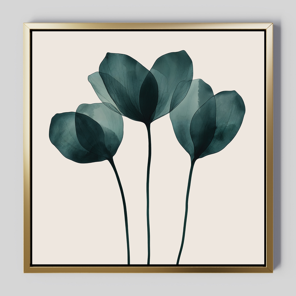 The Leafy Balance Canvas Art features three translucent teal flowers on a light beige background in sleek gold frames—an ideal minimalist centerpiece for modern living room decor.