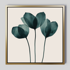 The Leafy Balance Canvas Art features three translucent teal flowers on a light beige background in sleek gold frames—an ideal minimalist centerpiece for modern living room decor.