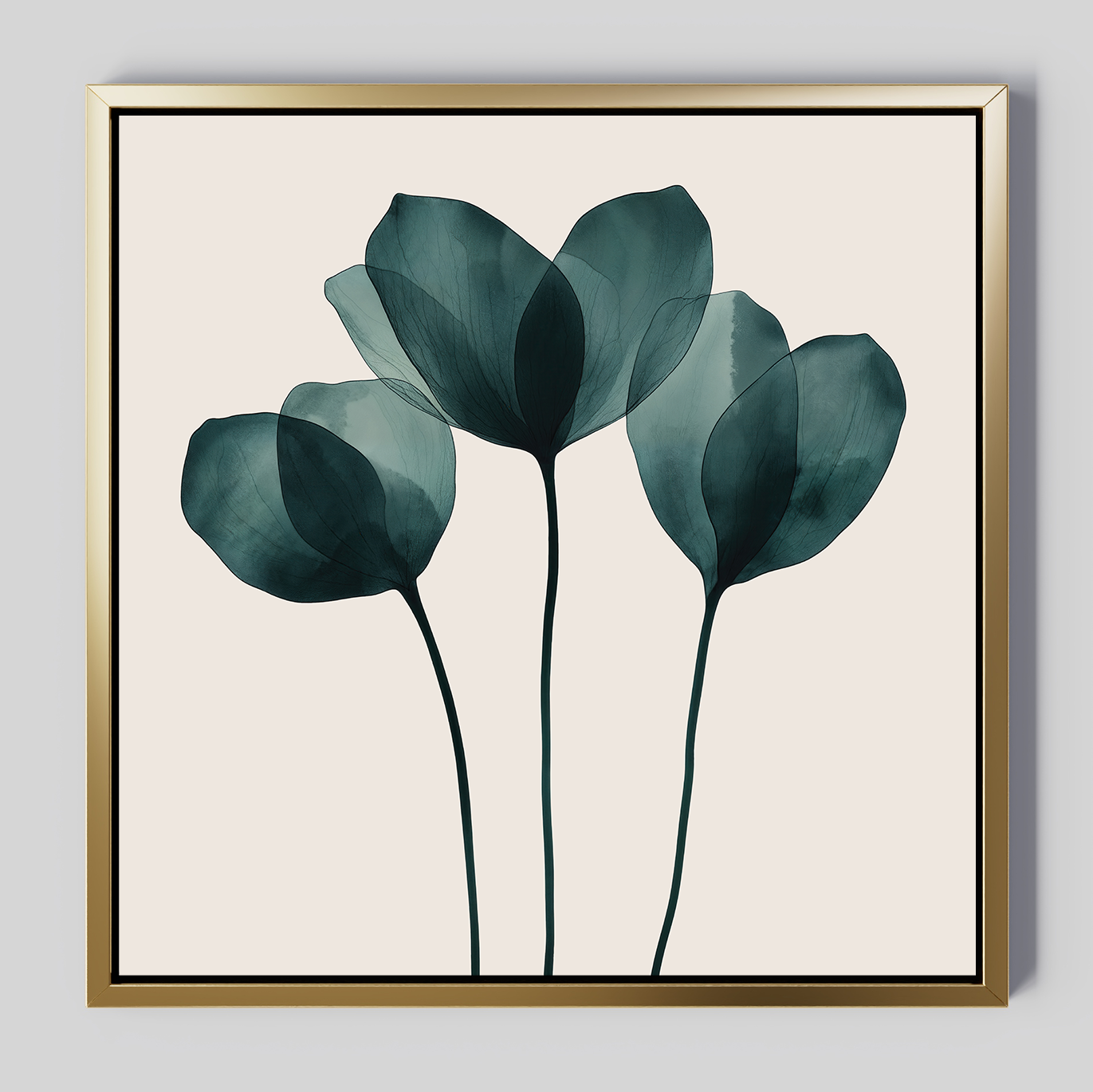 The Leafy Balance Canvas Art features three translucent teal flowers on a light beige background in sleek gold frames—an ideal minimalist centerpiece for modern living room decor.