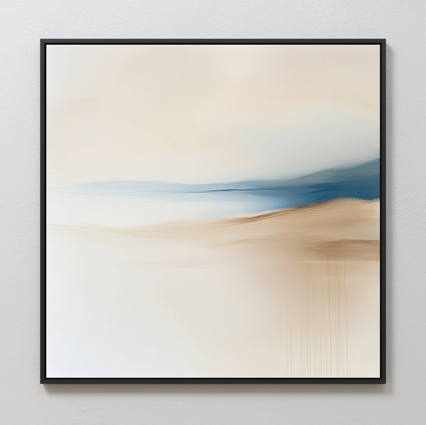 Golden Drift Canvas Art features soft beige, cream, and light blue tones with gentle, blurred transitions and sweeping horizontal lines in a black frame—ideal for adding elegant style to your living room or bedroom decor on light walls.