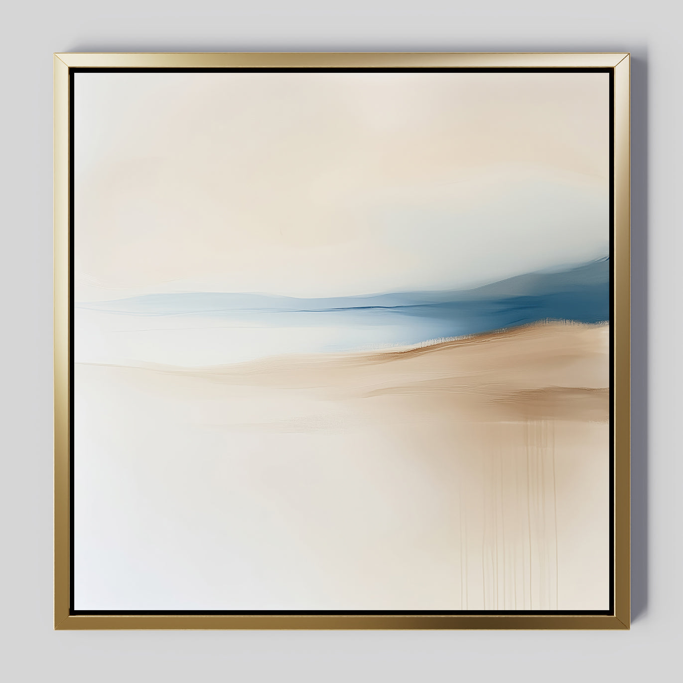 Golden Drift Canvas Art features minimalist abstract design in a gold frame, with soft beige and blue tones that evoke tranquility. Perfect for bedroom or living room decor, its smooth lines create an elegant, dreamy atmosphere.