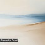 Golden Drift Canvas Art features a smooth, minimalistic abstract painting with soft, blended beige, blue, and cream tones evoking a tranquil seascape. Text in the lower left reads "Zoomed-In Detail." Perfect for bedroom wall decor.