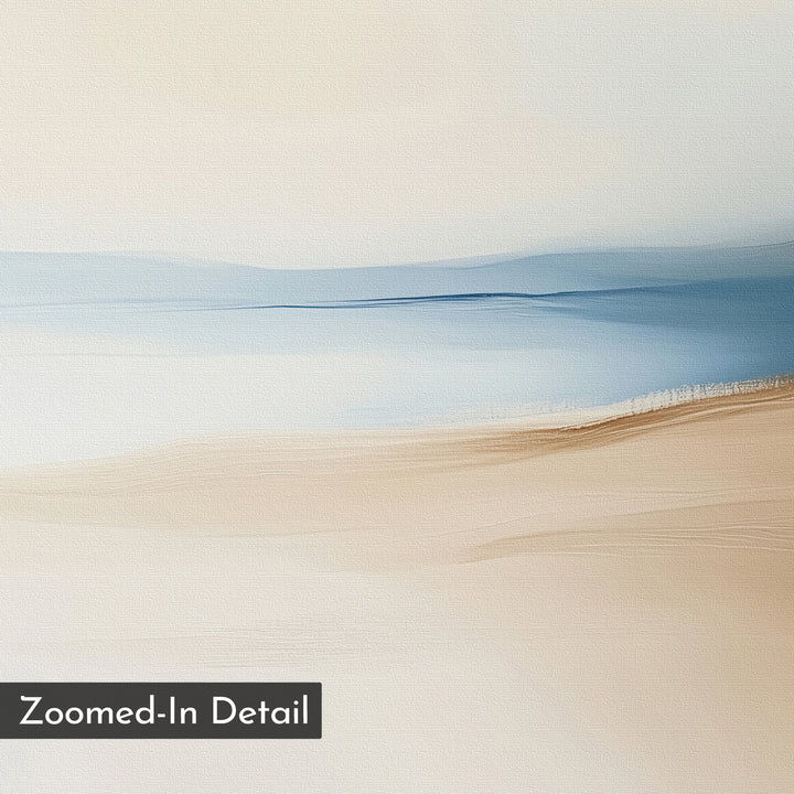 Golden Drift Canvas Art – Horizontal features soft, blended shades of beige and blue for a serene landscape look. Smooth brushstrokes and gentle color transitions make it ideal for living room decor. Zoomed-In Detail label at bottom left.