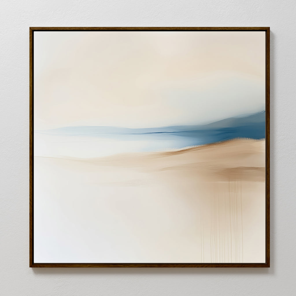 The Golden Drift Canvas Art features soft beige, cream, and blue tones in an abstract landscape with gentle gradients and blurred lines—perfect for adding a serene touch to your living room when hung on a light-colored wall.