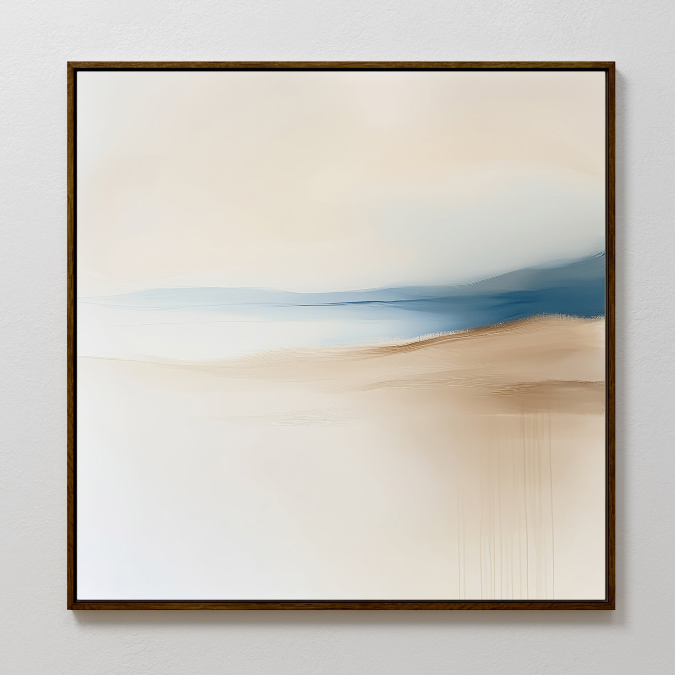 The Golden Drift Canvas Art features soft beige, cream, and blue tones in an abstract landscape with gentle gradients and blurred lines—perfect for adding a serene touch to your living room when hung on a light-colored wall.