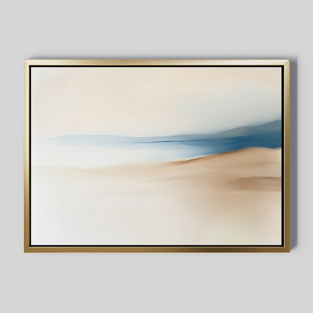 Golden Drift Canvas Art – Horizontal features soft beige, cream, and blue tones in a minimalistic landscape. Framed in gold and set against a light gray background, it's ideal for modern bedroom decor.