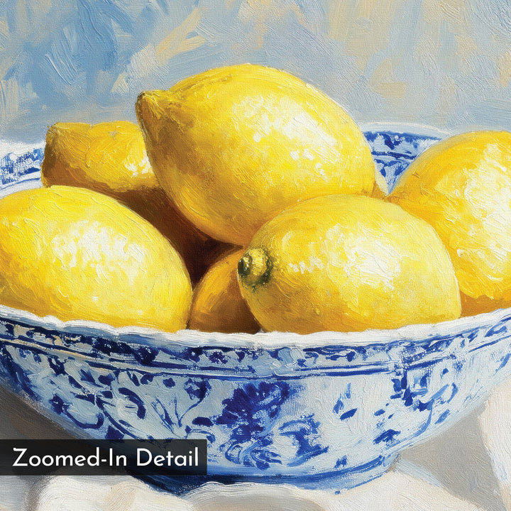 Golden Fruit Canvas Art features bright yellow lemons in a blue and white bowl, painted impressionist-style. Ideal lemon wall art for rustic kitchen decor. Includes "Zoomed-In Detail" text in the bottom left corner.