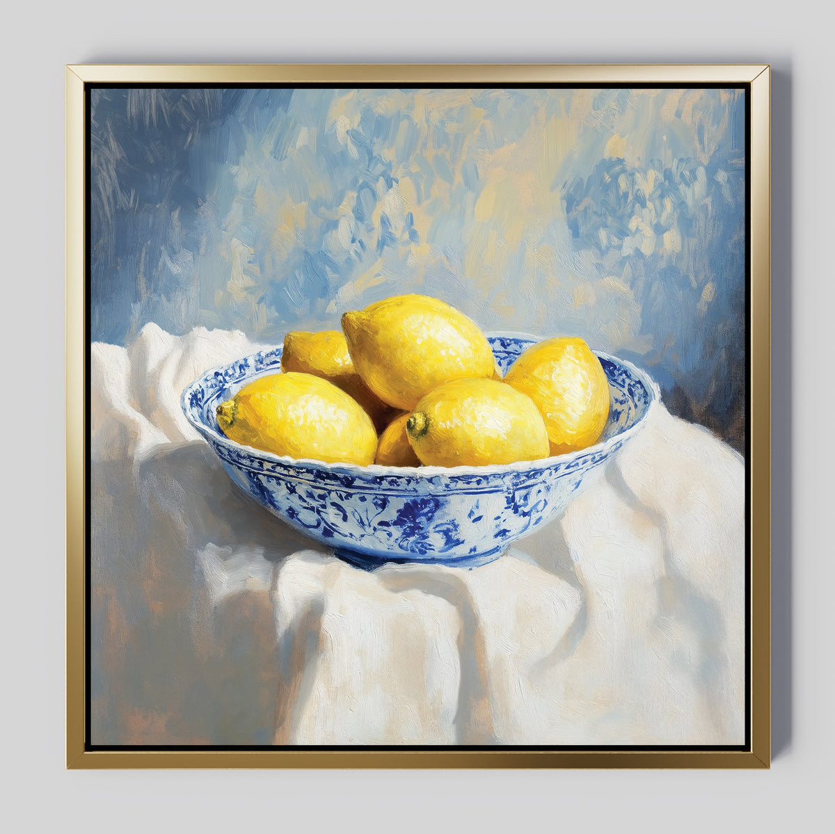 The Golden Fruit Canvas Art features a blue and white bowl filled with vibrant yellow lemons on a white cloth, set against a textured blue background—an ideal vintage touch for your home decor.