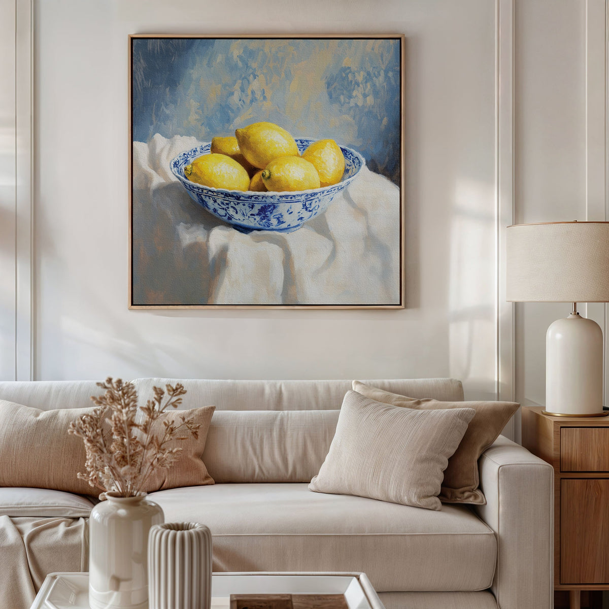 A bright living room with a beige sofa, neutral cushions, and a side table with a lamp. Above the sofa hangs the Golden Fruit Canvas Art, featuring lemons in a blue and white bowl, adding rustic wall art charm to the space.