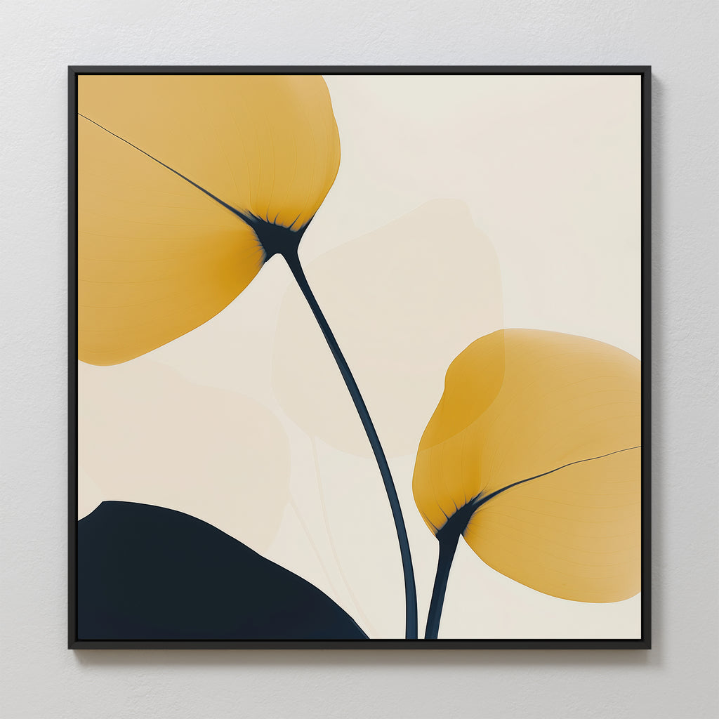 Golden Leaves Canvas Art features two abstract yellow leaves with dark stems on a light background, framed in black. Its minimalist, modern design is ideal for living room decor, adding clean lines and subtle color contrast to your space.