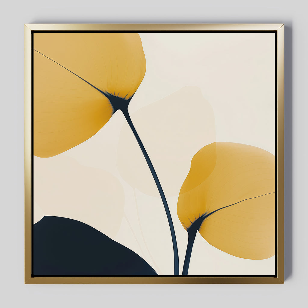 Golden Leaves Canvas Art showcases two abstract yellow leaves with thin dark stems on a soft cream background, framed in a modern gold frame—ideal large wall art for stylish living room decor.