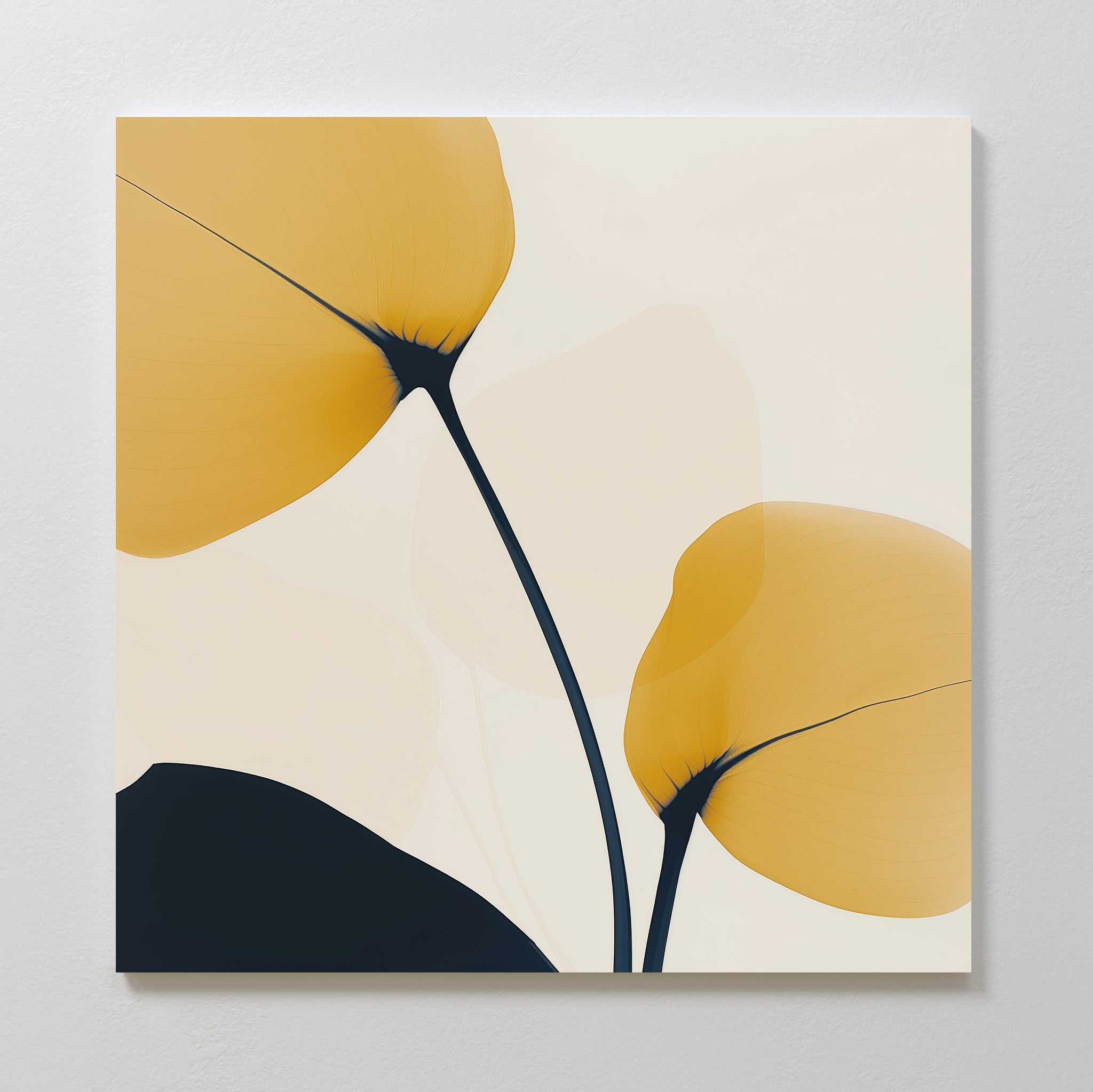 Golden Leaves Canvas Art showcases two large yellow abstract leaves with dark stems on an off-white background. This modern, minimalist wall art is ideal for stylish living room decor and adds a soft, contemporary touch to your space.
