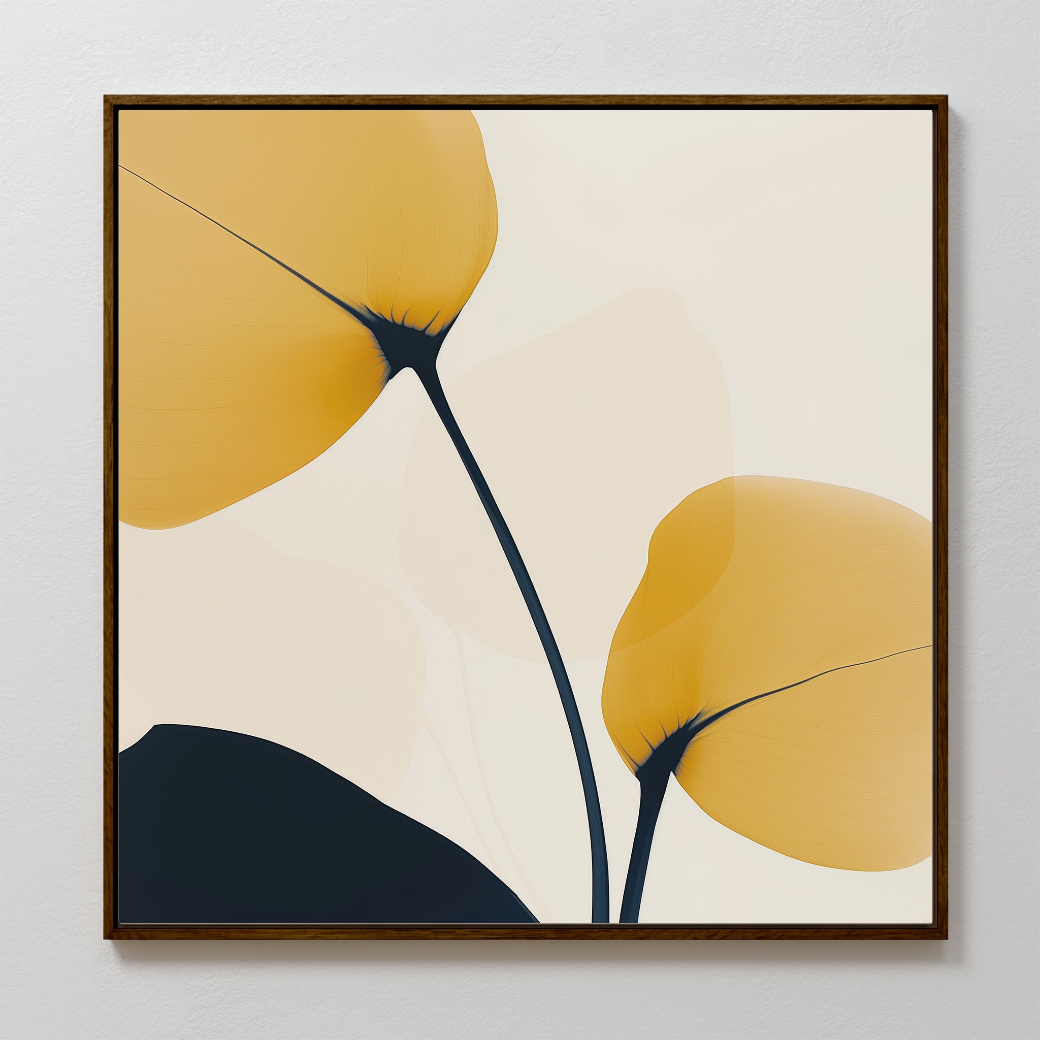 Golden Leaves Canvas Art features two abstract yellow leaves with dark stems on a light background, framed in simple wood—ideal modern decor to add style to your living room.