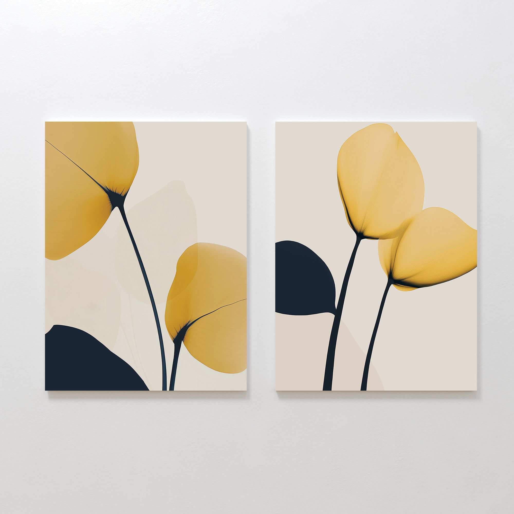 The Golden Leaves Set of 2 features minimalist wall art prints with abstract yellow and black floral shapes, flowing lines, and translucent petals on a light beige background—perfect for modern living room decor displayed side by side.