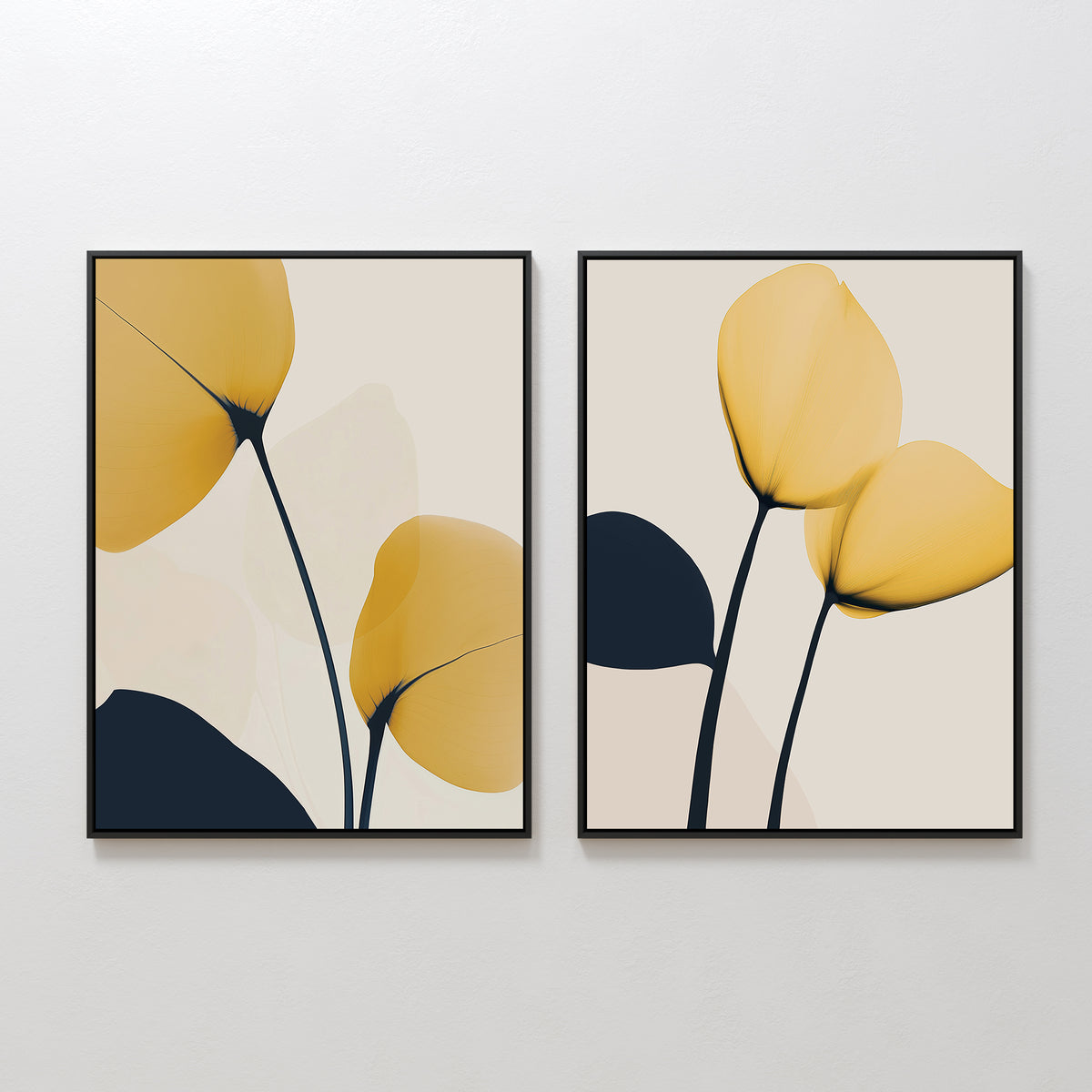 The Golden Leaves Set of 2 features minimalist framed prints with abstract yellow and black floral shapes on beige backgrounds, creating modern, elegant wall art perfect for living room decor.