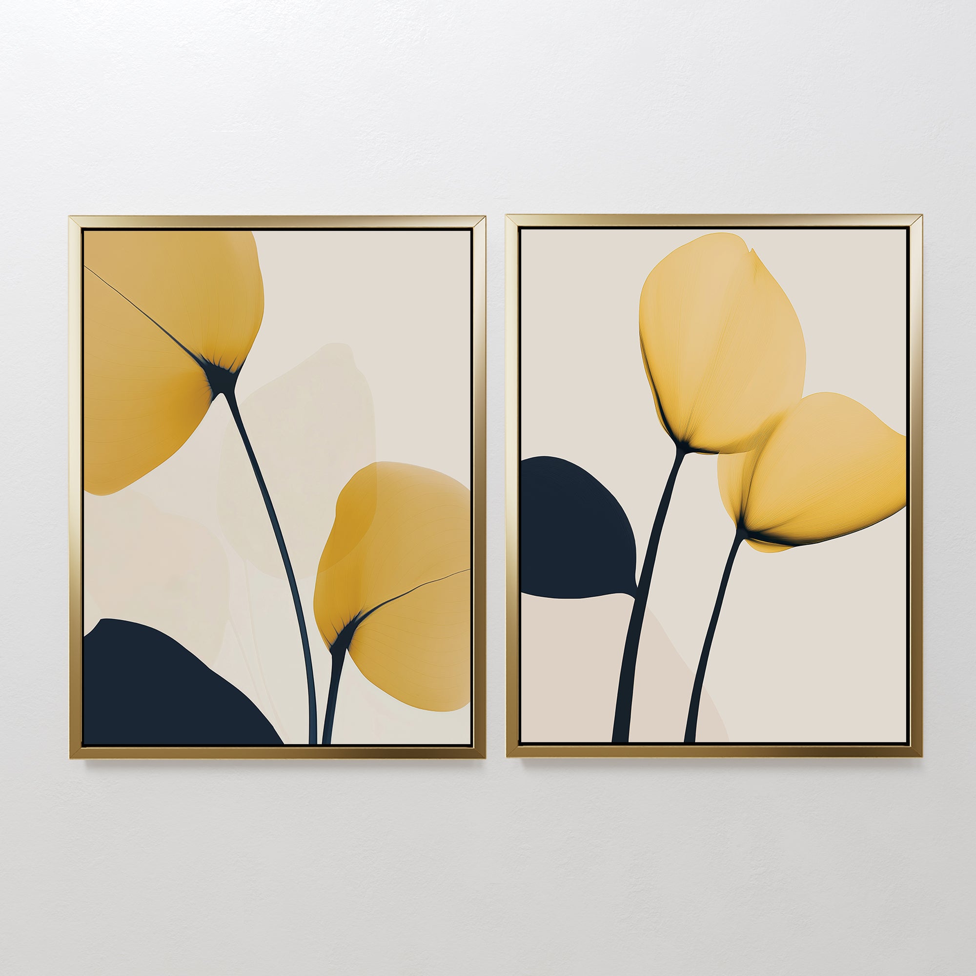 The Golden Leaves Set of 2 features framed minimalist wall art prints with abstract yellow and black botanical shapes on a light background, ideal as large modern living room decor.
