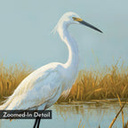 Golden Marsh Egret Canvas Art showcases a white egret in shallow water near golden grasses under a pale blue sky. Rich in detailed painted texture, it’s elegant wall art ideal for nature-inspired decor. Labeled "Zoomed-In Detail" in the lower left corner.
