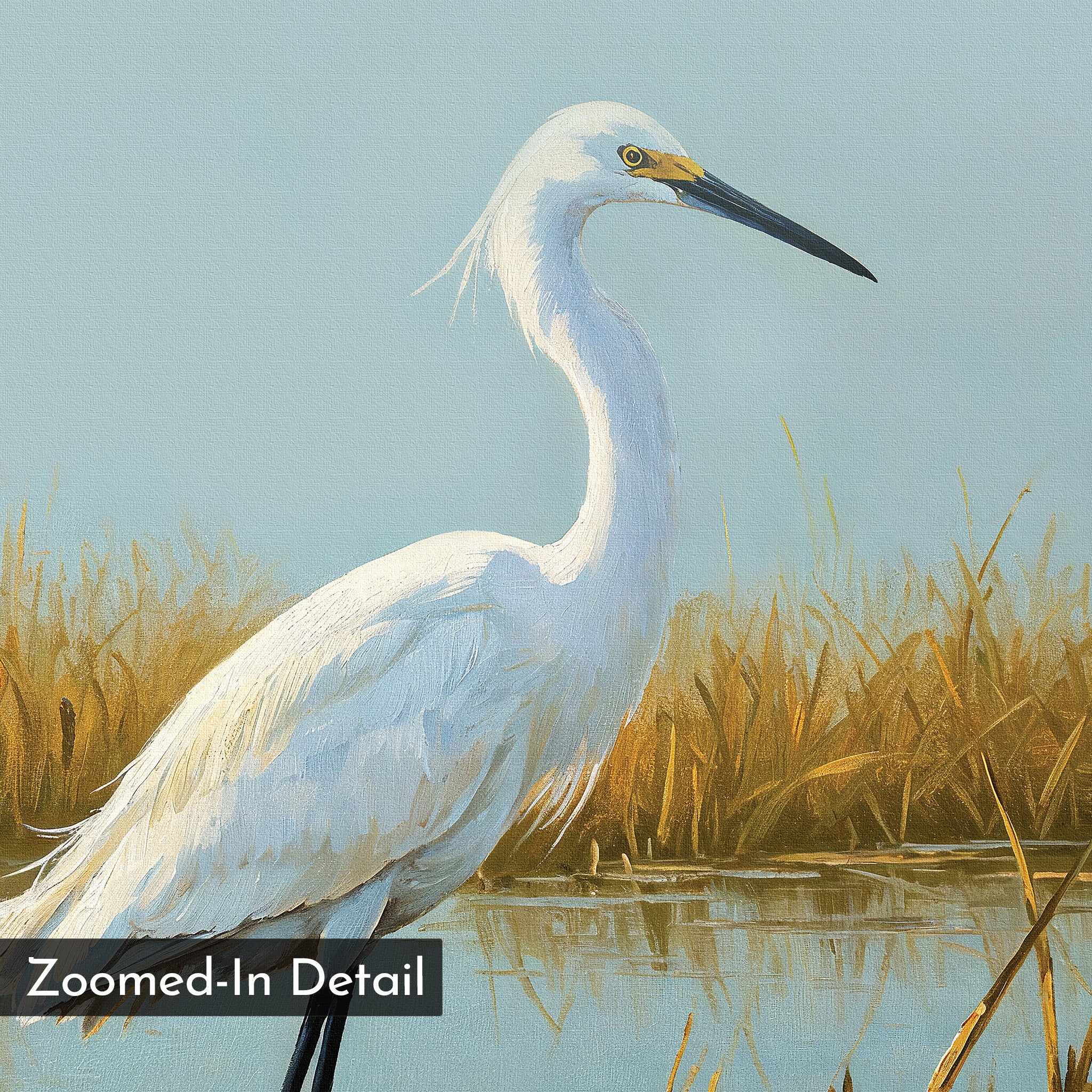 Golden Marsh Egret Canvas Art showcases a white egret in shallow water near golden grasses under a pale blue sky. Rich in detailed painted texture, it’s elegant wall art ideal for nature-inspired decor. Labeled "Zoomed-In Detail" in the lower left corner.