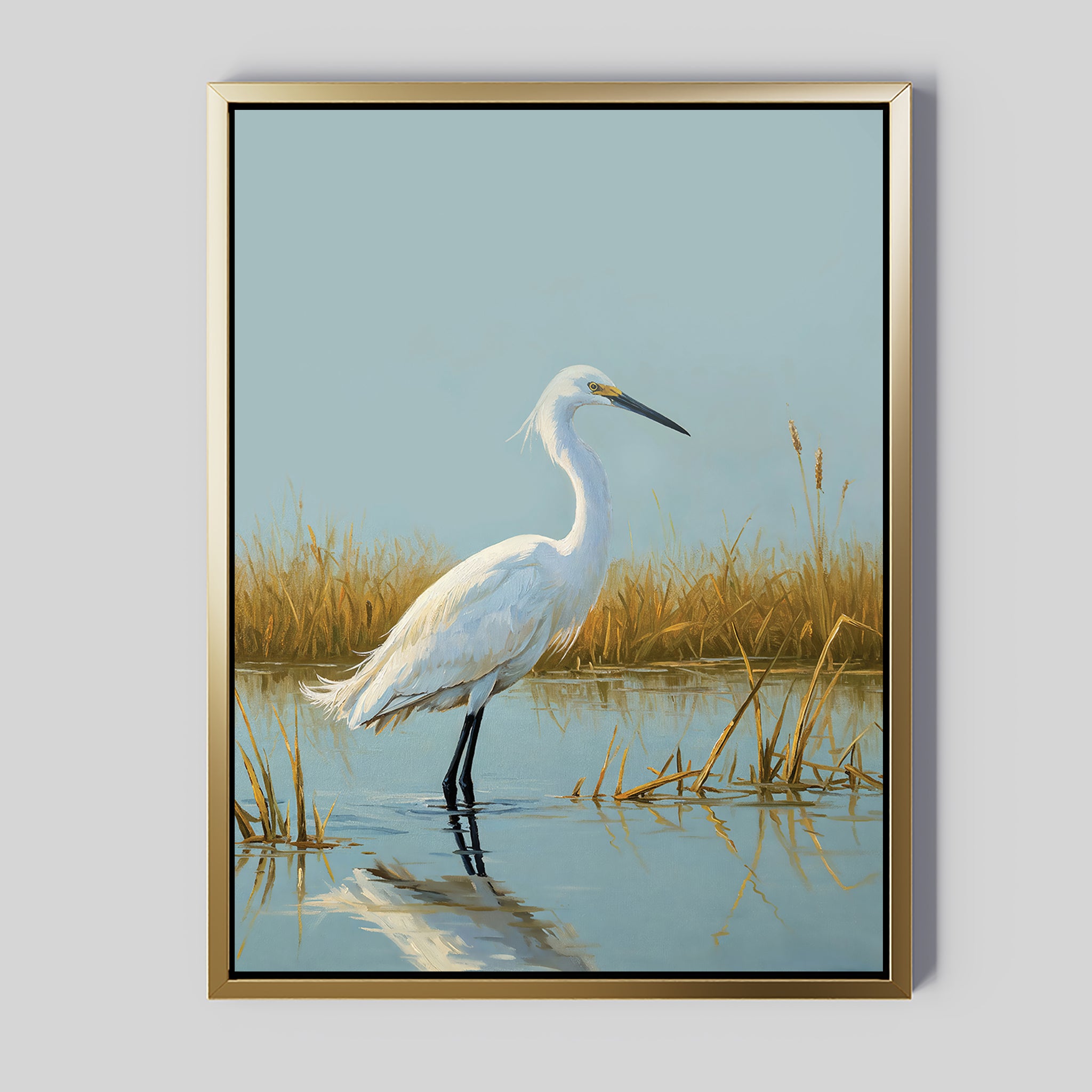 Add tranquil beauty to your space with the Golden Marsh Egret Canvas Art, featuring a white egret in shallow water among golden reeds beneath a blue sky. The bird’s reflection adds serene elegance, making this framed wall art perfect for any room.