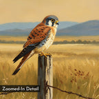 Golden Plains Canvas Art: A detailed painting of an American kestrel on a wooden fence post in a golden field with blue hills and a muted sky—ideal wall art for nature-inspired decor, labeled as Zoomed-In Detail.