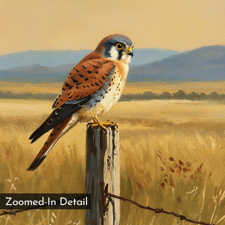 Golden Plains Canvas Art: A detailed painting of an American kestrel on a wooden fence post in a golden field with blue hills and a muted sky—ideal wall art for nature-inspired decor, labeled as Zoomed-In Detail.