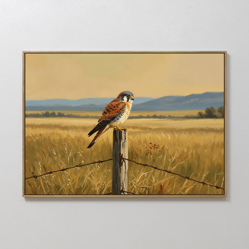 Golden Plains Canvas Art features an American kestrel on a fence post in a sunlit grassy field with blue hills, making it the ideal nature-inspired wall decor for any room.