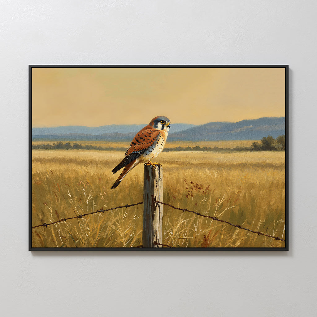 Golden Plains Canvas Art features a bird perched on a fence post in a golden field with blue mountains and pale sky—ideal for nature-inspired wall decor or as unique kestrel wall art.
