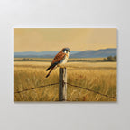 Bring nature indoors with the Golden Plains Canvas Art, featuring a small falcon on a wooden fence post amid golden grasses, distant mountains, and a softly hazy sky.