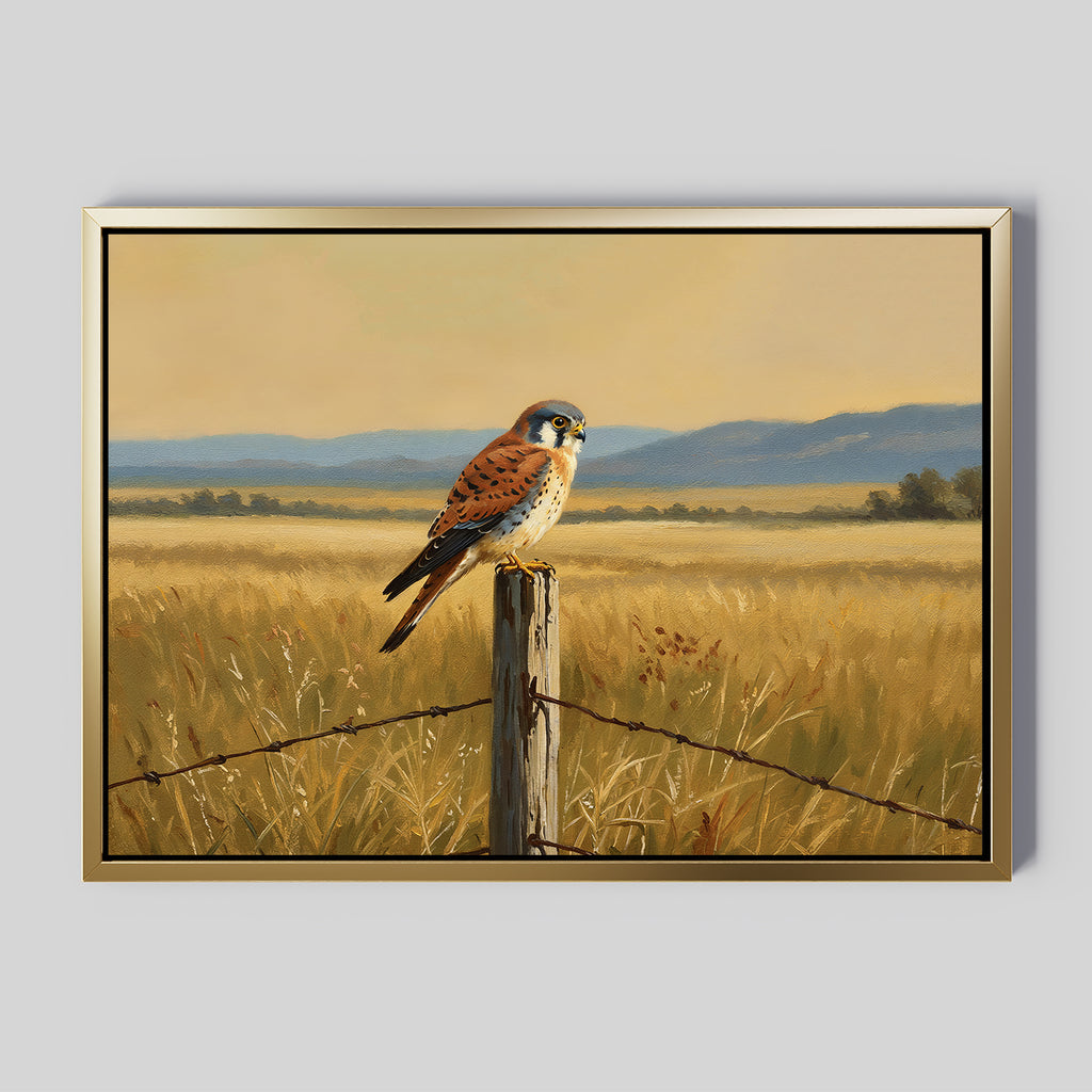 Golden Plains Canvas Art showcases a small kestrel perched on a fence post amid golden grass, with blue hills and a warm sky—nature-inspired wall decor ideal for enhancing any room’s ambiance.